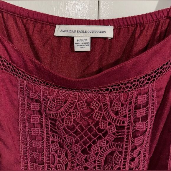 American Eagle Maroon Wine Boho Crochet Lace Eyelet Strappy Mini Dress‎ Size M - Picture 4 of 10